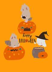 Funny Bats sitting on Pumpkins. Happy Halloween