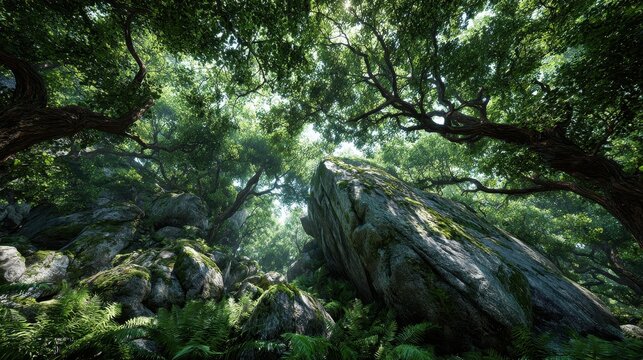 Exploring lush green forest with natural stone bridge in the early morning light, moss covering rocks and ferns abound