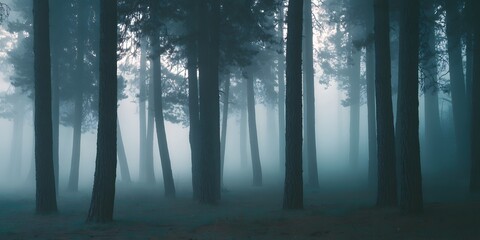 Foggy mysterious forest in morning light high resolution photo