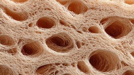 Close up shows a porous sponge-like material, featuring many small bubbles and interconnected holes, creating a textured surface with complex structure