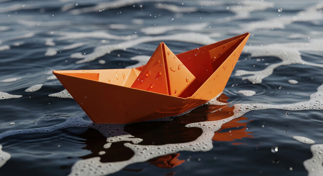 Orange paper boat navigating on dark, choppy water. Concept of resilience, struggle, and facing challenges during a difficult journey.