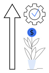 Upward arrow, gear with checkmark, and money plant in pot. Ideal for growth, success, investment, productivity, ambition progress efficiency. Simple flat metaphor