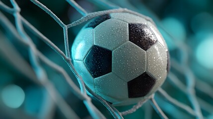 Dynamic soccer ball scoring a goal in wet net, capturing ultimate victory and athletic triumph