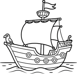 Whimsical cartoon drawing of a classic sailing ship with a parrot perched on the railing floating on gentle waves