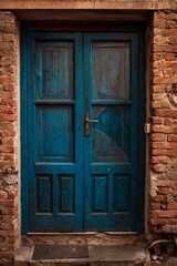 porta blu antica e parete di mattoni