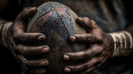 Grit and determination personified in muddy hands gripping a worn rugby ball