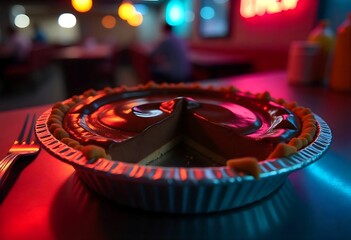 Indulge in delicious chocolate pie at a retro diner, savoring sweet dessert under neon lights