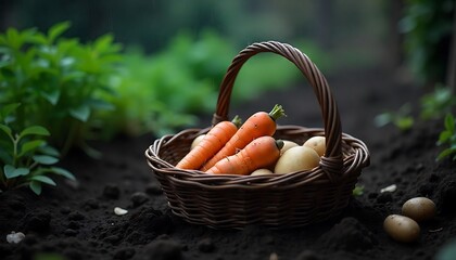 Freshly harvested carrots and potatoes in a rustic basket, ready for wholesome cooking and healthy eating