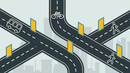 Fototapeta premium Illustration of roads with bus bicycle pedestrians and yellow barriers over city background