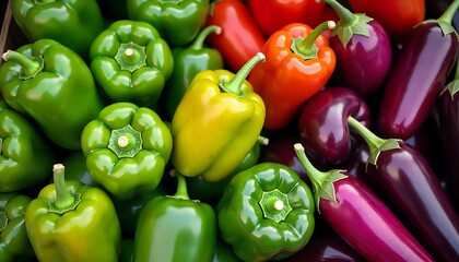 Vibrant display of fresh bell peppers and eggplants offering a healthy farm to table ingredient option