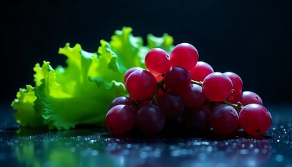 Vibrant red grapes with fresh green lettuce on a dark surface for healthy lifestyle promotions