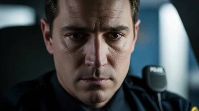 Close-up of a stressed and tired male police officer sitting in his patrol car with his eyes closed. Law enforcement mental health concept.