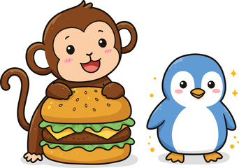 Cute cartoon monkey with burger, adorable penguin character, kawaii animal illustration, funny fast food art, kids drawing, playful vector design