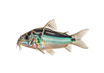 Striking profile view of a vividly colored fish, showcasing intricate patterns and shimmering scales against a pure black background.