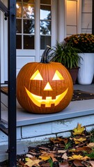 Halloween pumpkin on porch steps