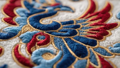 Detailed embroidered peacock design on white fabric