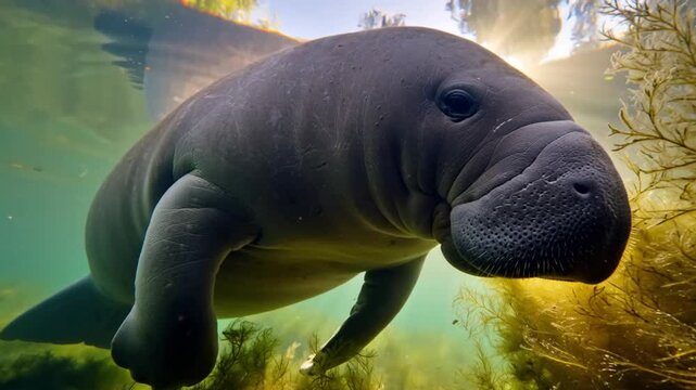 Gentle manatee floating calmly in shallow warm coastal waters