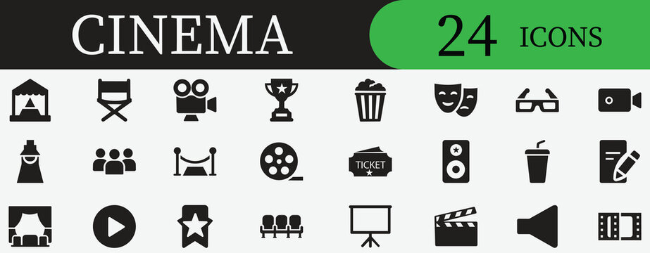Cinema Solid Icon Set. Containing movie camera, ticket, popcorn, film reel, trophy, and director chair. Editable vector icon for entertainment apps and film industry marketing.