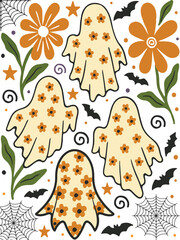 Botanical Ghost Boho Pumpkin Halloween T Shirt Autumn Floral Sublimation Graphic