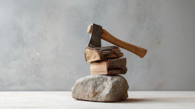 Composition of an axe resting on firewood pieces over a rock on a white table with a gray background, creating a camping and survival atmosphere