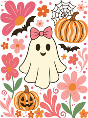 Autumn Ghost Pumpkin Boho Floral Halloween Tee Botanical Sublimation Spooky Shirt