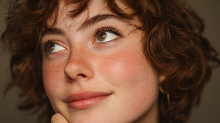 A young woman with curly hair and a contemplative expression gazes directly at the camera
