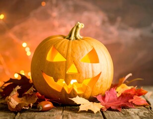 Halloween pumpkin on rustic wooden surface