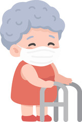 Illustration of Senior Woman with Walker and Mask cartoon