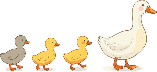 Cute duck family illustration, mother duck with ducklings, walking together, baby ducks cartoon, adorable farm animals, nature wildlife art, vector drawing