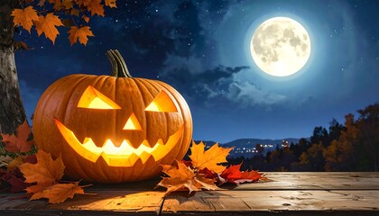Halloween pumpkin on wooden surface at night