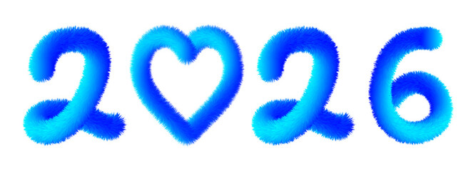 2026 numbers new year blue birthday cards planner, Fur effect heart with numbers. happy new year card