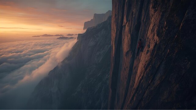Dramatic Scene of a Lone Mountain Climber Actively Scaling a Steep Cliff Surrounded by Evening Mist in a High-Resolution Photorealistic Style