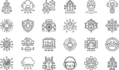 Neural Network, Deep Learning, Robotics Automation, Cloud Data, Chatbot Assistant, Cybersecurity, Voice Recognition, Blockchain, Internet of Things, and Machine Learning Vector Collection