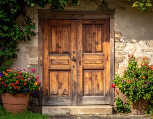 Rustic wooden door in a stone wall, surrounded by flowers
