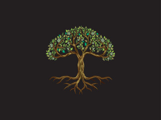 Hand drawn art of mangrove tree in black background 