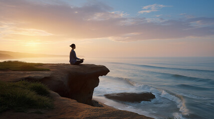 海を眺めながら静かに瞑想する女性のシルエット