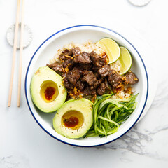 Rice with beef and avocado