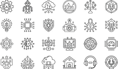 Neural Network, Deep Learning, Robotics Automation, Cloud Data, Chatbot Assistant, Cybersecurity, Voice Recognition, Blockchain, Internet of Things, and Machine Learning Vector Collection