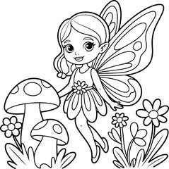 Fototapeta premium Charming black and white illustration of a cute fairy with butterfly wings standing amongst whimsical mushrooms and flowers perfect for coloring pages