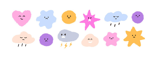 Cute emoji set with happy, sad and angry face expressions, moods. Funny kids emoticons. Sun, cloud, star and heart characters with emotions. Flat vector illustration isolated on white background.