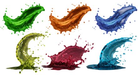 Vibrant liquid splashes in various colors and dynamic shapes isolated on white background