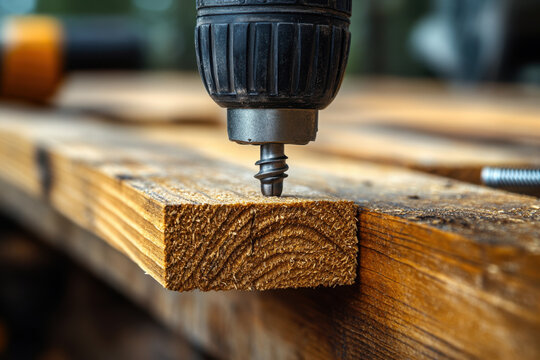 Driller drilling wood with a drill.