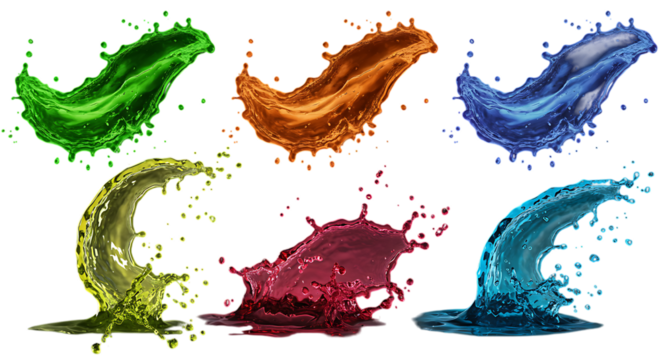 Vibrant liquid splashes in various colors and dynamic shapes isolated on white background