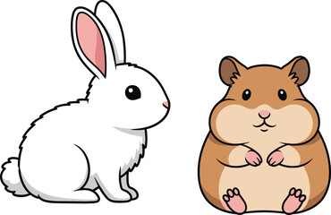 Cute rabbit and hamster cartoon illustration, adorable pet animals, domestic pets, fluffy bunny, chubby hamster, children’s design, animal clipart