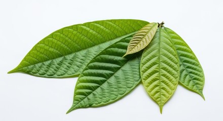 Fototapeta premium Close-up of vibrant green cocoa leaves showcasing their intricate venation and textured surface