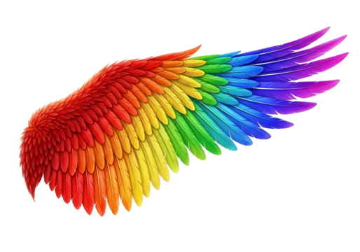 A vibrant, colorful bird wing, displaying a spectrum of rainbow hues, against a striking black backdrop.