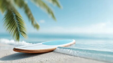 Crystal clear waves gently caress a paddle board resting on the sandy shore of a tropical beach, creating a serene and inviting scene for watersports enthusiasts