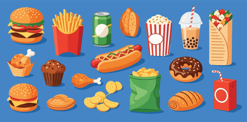 Fast food. Burgers, fries, pizza, hot dogs, soda, popcorn, donuts and muffins, ice cream, shawarma, hamburgers. Flat vector illustrations isolated on a BLUE background