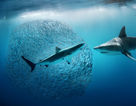 Shark Swimming Dominantly Near Fish School in Sunlit Ocean Waters
