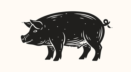 Pig standing side view engraving style vector illustration